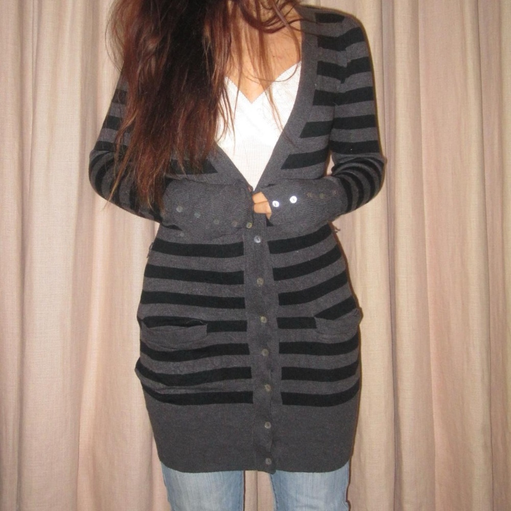 early 2000s vintage longline / tunic-length cardigan striped black & grey